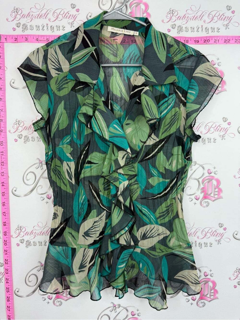 Melanie Lyne shirt Green Leaf Ruffle Front Sheer Blouse